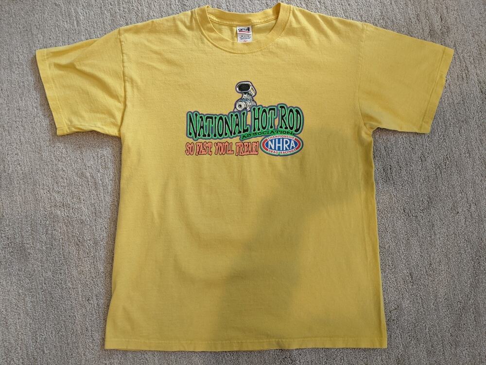 VNTG 90s National Hot Rod Association Yellow Graphic T-Shirt Monster Rat Rod L